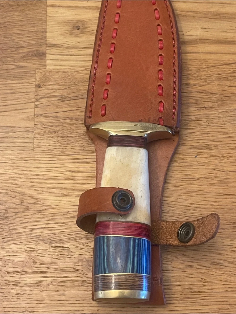 Damascus Blade Fixed Knife with Ivory-Tone and Blue Handle Accents